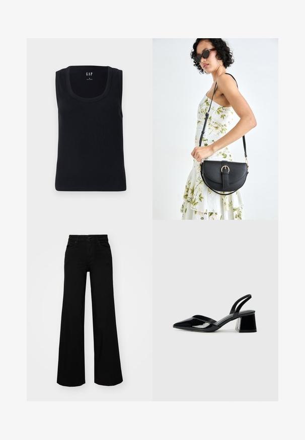 Top ajustado de canalé negro con escote redondo, diseño sin mangas y silueta ceñida. Etiqueta visible en la parte superior central.; Pantalones de mezclilla de pierna ancha y color negro, con una cinturilla estructurada, pasadores para cinturón y bolsillos frontales. Textura suave con un diseño clásico.; Zapatos de tacón slingback de charol negro con punta afilada y tacón geométrico en bloque. Presentan un diseño elegante y minimalista, así como una textura suave.; Bolso de piel negra con forma curva, correa desmontable y herrajes dorados. El bolso cuenta con una solapa con un detalle de hebilla.