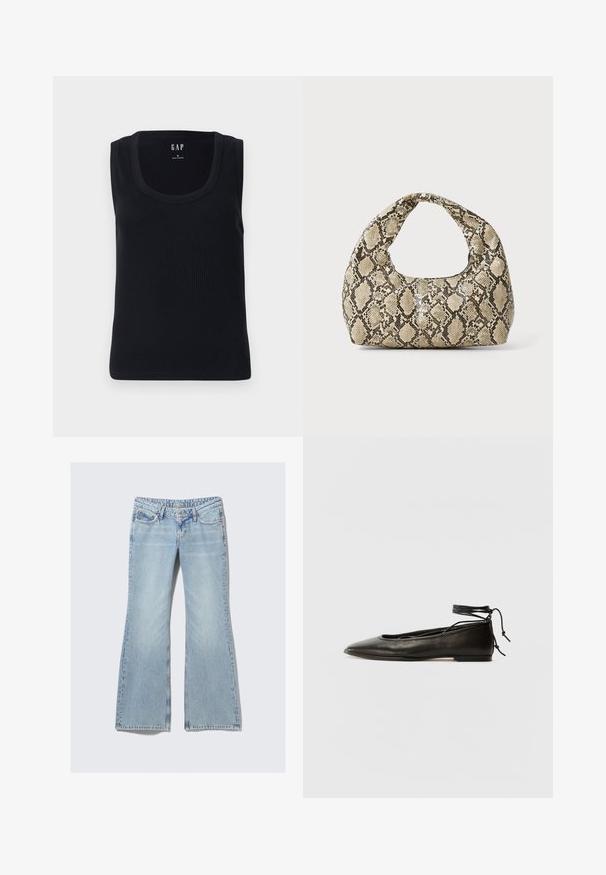 Must mustärane ribaidega tank top, millel on ümmargune kaelus, ilma varrukateta disain ja sobiv siluett. Sildiga peal keskel.; Weekday NOVA - Liibuvad teksad - lip blue; Must mustast balletijalatsid, millel on terav nina, pahkluu seotud ja lame tall, sujuva tekstuuri ning minimalistlik disain.; Musta käärmeprindiga kott kõveraga käepidemega. Valmistatud tekstiilsetest, beežidest ja pruunidest materjalidest, millel on iseloomulik rombikujuline muster.