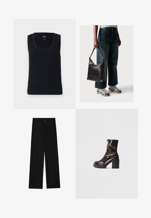 Must mustärane ribaidega tank top, millel on ümmargune kaelus, ilma varrukateta disain ja sobiv siluett. Sildiga peal keskel.; Laiad mustad püksid, mis on valmistatud siledast kangast, esipoolse taskuga ja nööbkinnitusega vööl. Minimalistlik disain ilma mustriteta.; Klakav läikiv burgundi värvi pahkluu saabas, millel on paks must konts, sile tekstuur ja lihtne disain. Nähtavad kinnitused või mustrid puuduvad.; Must musta õlakott, millel on sile tekstuur ja reguleeritav rihm, koos pleekinud laia jalgadega teksade ja sportlike tossudega.