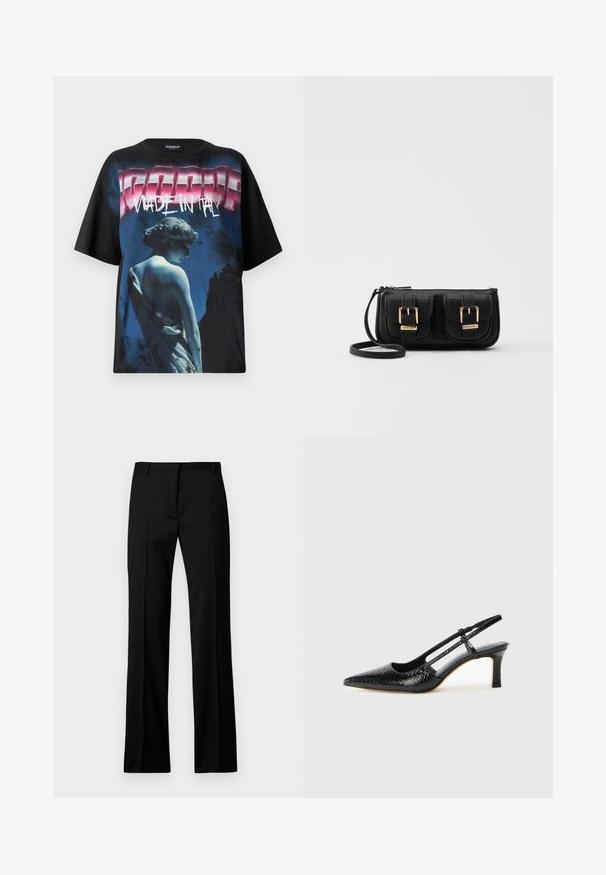 Black oversized t-shirt featuring a graphic print of a statue in blue tones and bold "MADE IN ITALY" text in pink and white.; Black straight-leg trousers in smooth fabric, featuring a flat front, belt loops, and no visible pockets or embellishments.; Black patent slingback heel with a pointed toe, featuring textured snake print, adjustable strap, and a short, textured block heel.; Black leather crossbody bag with two front pockets, gold buckles, zipper closure, and a slim strap. Textured surface and compact rectangular shape.