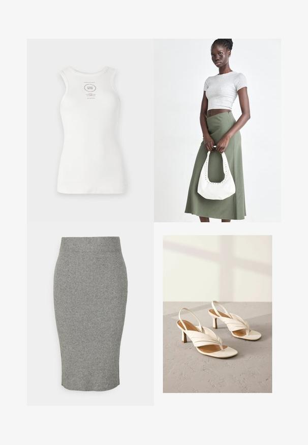 Tricou fără mâneci, alb, cu un design ajustat, textură ribbită și logo tipărit circular în centrul său, având detalii de text negre.; Fustă creion gri, din tricot cu dungi, cu o siluetă ajustată, având un brâu elastic și o textură moale. Design de lungime medie.; Sandale cu toc mediu din piele albă, cu un design învârtii în față, vârful deschis și tocul bloc. Textură netedă și accente minime.; Crop top griș cu dungi și fustă verde măsliniu cu talie înaltă. Modelul ține o geantă albă de umăr cu detalii tăiate. Design simplu, siluetă ajustată.