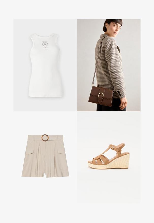 Débardeur blanc sans manches avec un design ajusté, texture côtelée et logo imprimé circulaire au centre, avec des détails en texte noir.; Shorts beiges taille haute avec une large ceinture plate, boucle circulaire en bois, devant plissé et deux poches latérales. Texture de tissu lisse.; Sandales compensées en tan avec un design à lanières croisées, boucle réglable à la cheville et une semelle compensée en espadrille tissée texturée.; Sac en cuir marron à bandoulière avec une boucle en métal doré, de forme rectangulaire, texture lisse et bandoulière détachable.