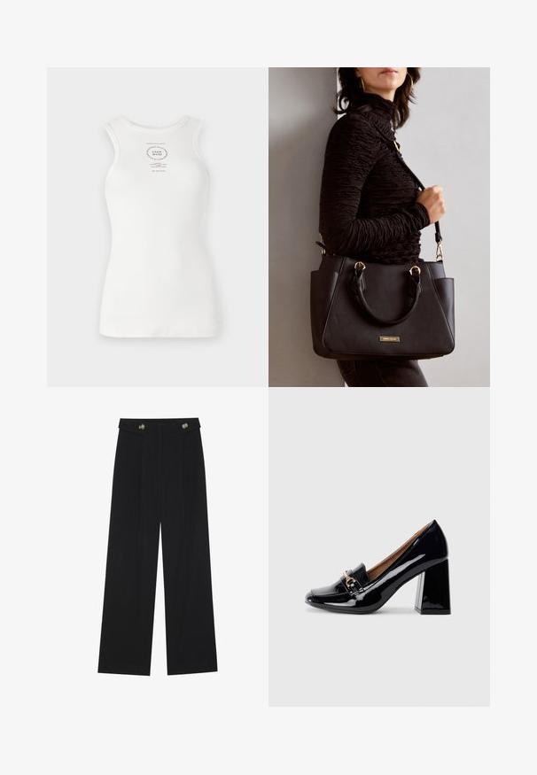 Witte mouwloze tanktop met een aansluitende pasvorm, geribbelde textuur en een rond geprinte logo in het midden, met zwarte tekstdetails.; Zwarte wijde broek met hoge taille, knoopdetails op de tailleband en plooien aan de voorkant.; Zwarte lakleren hoge hak met een spitse neus en blokhak. Bevat een decoratieve band en gespdetail op de wreef.; Zwarte handtas met gestructureerd oppervlak, dubbele bovenhandvatten en verstelbare schouderriem. Voorzien van goudkleurige hardware en zijzakken.