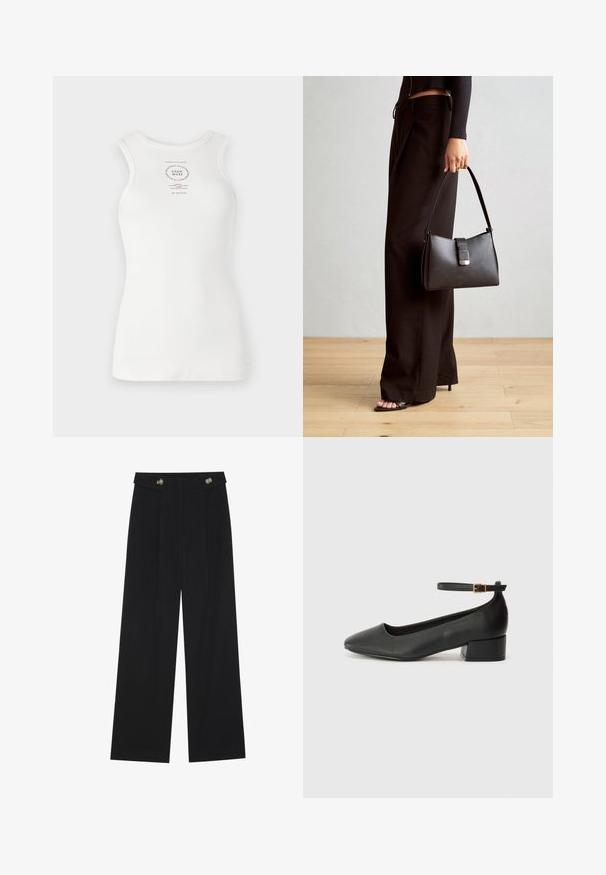 Fehér ujjatlan top, testhez simuló fazonnal, bordázott textúrával és középen kerek nyomtatott logóval, fekete szövegekkel.; Fekete, bő szárú nadrág magas derékkal, gombos részletekkel a derékrészen és elülső pliszékkal.; Fekete bőr magassarkú cipő hegyes orral és alacsony tömb sarkal. Bokapánttal rendelkezik, aranyszínű csattal. Simább textúra.; Fekete kézi táska strukturált formával, sima textúrával és fémből készült záródással. Széles fekete nadrággal és nyitott orrú szandállal párosítva, fából készült padlón.