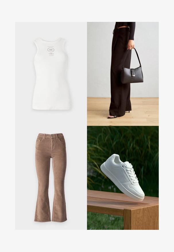 Hvid ærmeløs tanktop med et tætsiddende design, ribbet tekstur og cirkulært trykt logo i midten med sorte tekstdetaljer.; Brune fløjlsbukser med udvidede ben og ribbet tekstur, der har højt talje, fem lommer og en frontknaplukning.; Hvid sneaker med en glat syntetisk overdel, perforeret tåboks, flade snørebånd og en tekstureret sål, præsenteret på en træoverflade.; Sort håndtaske med struktureret form, glat overflade og metalspænde. Sammen med brede sorte bukser og sandaler med åben tå på trægulv.