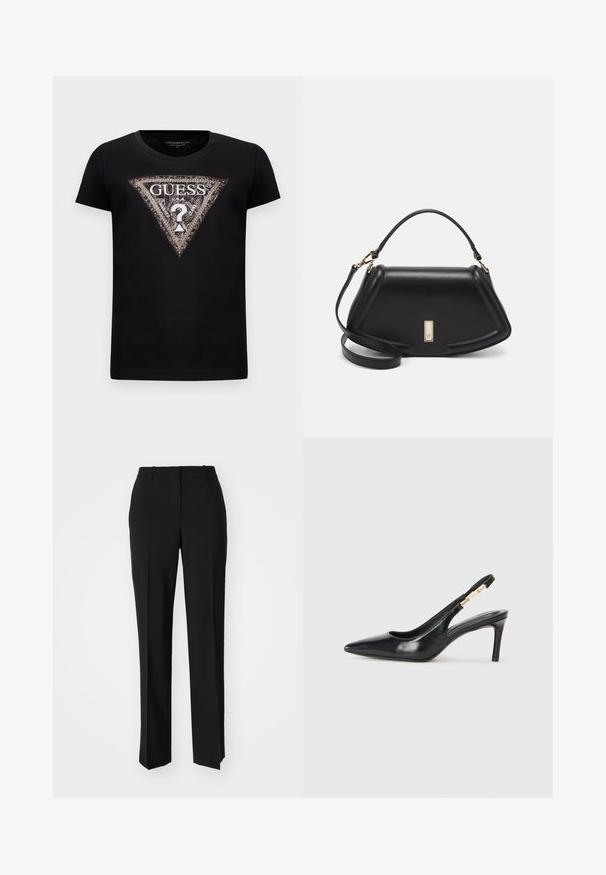 Zwarte T-shirt met korte mouwen met een groot glitters driehoeklogo waarop "GUESS U.S.A." staat en een centrale vraagteken.; Zwarte op maat gemaakte broek met een recht model, voorzien van een soepele textuur en scherpe plooien aan de voorkant. Geen zichtbare hardware.; Zwarte leren slingback pump met hoge hakken, een spitse neus, een gladde textuur, en een smalle enkelband met gouden hardware accenten.; Zwarte leren handtas met een gestructureerd ontwerp, featuring een verkorte vorm, bovenhandvat en gouden hardwareaccent. Inclusief verstelbare schouderband.
