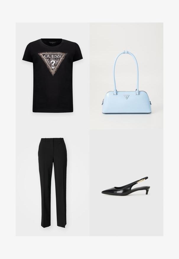 Zwarte T-shirt met korte mouwen met een groot glitters driehoeklogo waarop "GUESS U.S.A." staat en een centrale vraagteken.; Zwarte op maat gemaakte broek met een recht model, voorzien van een soepele textuur en scherpe plooien aan de voorkant. Geen zichtbare hardware.; Zwarte leren slingback hakken met een spitse neus, voorzien van een slanke hak en een goudkleurige accent op de verstelbare band. Gladde textuur.; Lichtblauwe handtas met een gestructureerde vorm, van soepel leer, met twee handvatten en een driehoekig merklogo aan de voorkant. Met ritsluiting.