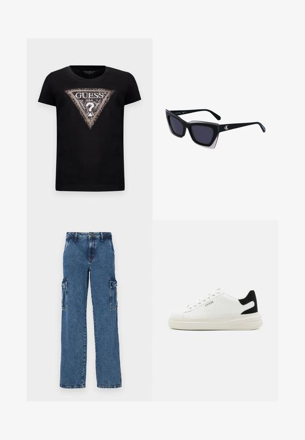 Camiseta negra de manga corta con un gran logo triangular brillante que presenta "GUESS U.S.A." y un signo de interrogación central.; Pantalones cargo de denim azul con un ajuste relajado, que cuentan con dos bolsillos laterales, costuras reforzadas y un diseño de pierna recta.; Zapatillas blancas de cuero con una suela blanca gruesa, acento en el talón de ante negro y logo grabado en el lateral. Diseño de cordones con seis ojales.; Gafas de sol negras de gran tamaño con una forma geométrica, que presentan lentes oscuros y un detalle gris contrastante en la montura. Logo en la pata.