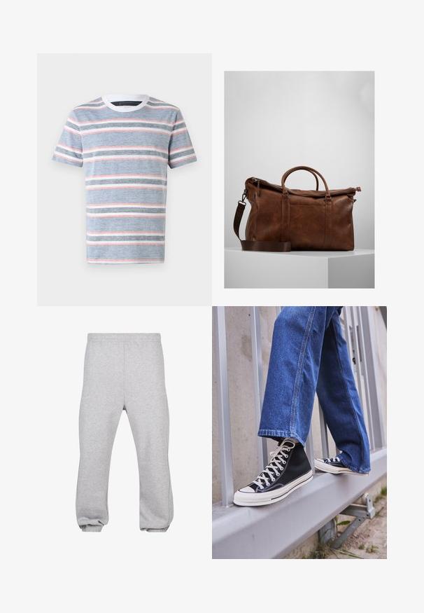 Sinine triibuline T-särk, millel on horisontaalsed triibud valge, halli ja roosa värviga. Ümmargune kaelus ja lühikesed varrukad, valmistatud kergest kangast.; Hallide hallid puuvillasegusest kangast dressipüksid, millel on elastne vöökoht, kitsenevad jalad ja mansetid. Lihtne disain, ilma mustriteta.; Mustad mustade kõrgete tossudega, millel on valge tallaga ja valged paelad, koos vaba sinise denimidega, mis puhkavad hallil piiridel.; Pruunist nahast nädalavahetuse kott, millel on lukuga sulgur, topeltkäepidemed, reguleeritav õlavarre rihm ja nähtavad tekstuurimustrid pinnal.