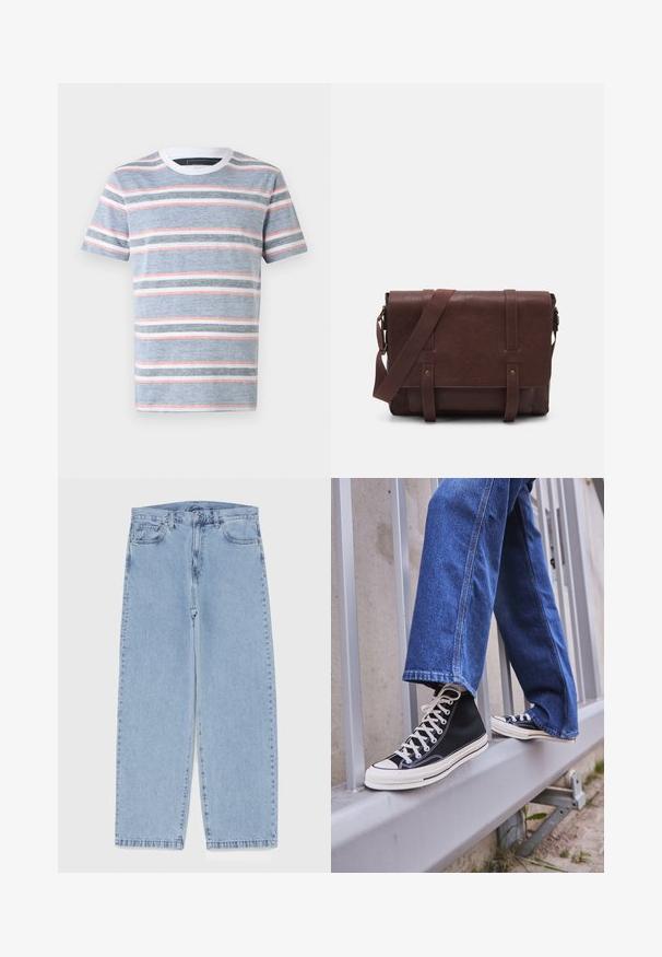 Prúžkované tričko v modrej farbe s vodorovnými pruhmi v bielej, šedej a ružovej. Okrúhly výstrih a kratké rukávy, vyrobené z ľahkej tkaniny.; Svetlomodré denimové džínsy s rovnými nohavicami, s polovysokým pásom, piatimi vreckami a zapínaním na gombík a zips.; Čierne vysoké tenisky s bielou podrážkou a šnúrkami, kombinované so voľnými modrými riflami, položené na sivej zábradlí.; Hnedá kožená messenger taška s plochým predným klopom, dvoma popruhmi, zlatými kovovými detailmi a nastaviteľným ramenným popruhom.; Strieborné nerezové hodinky s okrúhlym zeleným ciferníkom, striebornými znakmi hodín, zobrazením dátumu a kovovým náramkom. Vodotesné do 50 metrov.