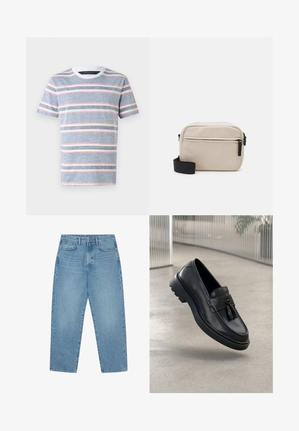 Ριγέ μπλουζάκι σε μπλε χρώμα, με οριζόντιες γραμμές σε λευκό, γκρι και ροζ. Στρογγυλή λαιμόκοψη και κοντά μανίκια, φτιαγμένο από ελαφρύ ύφασμα.; Τζιν παντελόνι από ανοιχτό μπλε ντένιμ με ίσια γραμμή, σχεδιασμό με πέντε τσέπες και ελαφρώς ξεβαμμένη υφή. Διαθέτει κλείσιμο με κουμπί και φερμουάρ.; Μαύρα δερμάτινα μοκασίνια με λείο φινίρισμα, διακοσμητική φούντα, παχιά καουτσούκ σόλα και ραμμένες λεπτομέρειες. Ελαφρύ και κομψό σχέδιο.; Κρεμώδης κοτλέ τσάντα χιαστί με μαύρο φερμουάρ, αποσπώμενο λουρί και υφή. Διαθέτει μία κύρια θήκη και μπροστινή τσέπη.