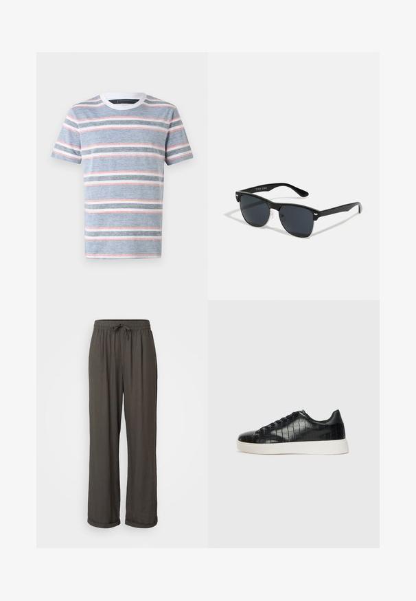 Striped t-shirt in blue, featuring horizontal stripes in white, gray, and pink. Round neckline and short sleeves, made from lightweight fabric.; Dark gray wide-leg pants with a drawstring waist, made of a soft, textured fabric, featuring rolled cuffs at the ankles.; Black sneakers featuring a textured croc-embossed leather upper, rounded toe, and a contrasting white rubber sole with a smooth finish.; Black sunglasses with a rectangular shape, dark lenses, silver accents at the temples, and a matte finish on the frame.