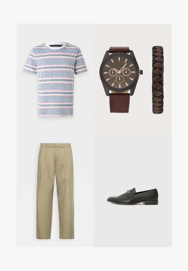 T-shirt às riscas em azul, com riscas horizontais em branco, cinza e rosa. Decote redondo e mangas curtas, feito de um tecido leve.; Calças bejas de cintura alta com corte reto, apresentando uma frente lisa, bolsos laterais e um tecido suave e texturizado.; Sapatilha de couro preta com um acabamento suave, apresentando um design cosido e um detalhe decorativo de corrente de metal atravessando o peito do pé. Salto baixo.; Pier One SET - Relógio - black/brown