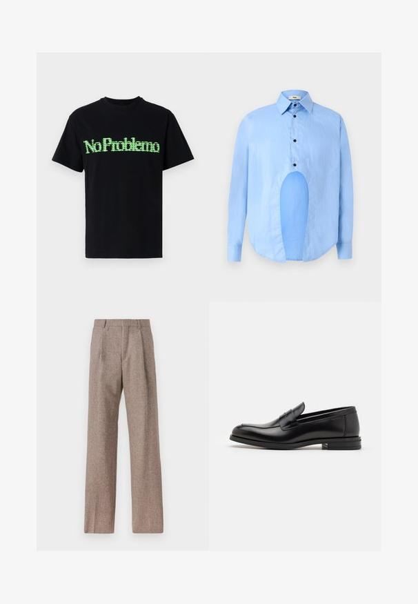 Sort bomulds T-shirt med et grønt pixeliseret grafisk tekst "No Problemo" på fronten. Korte ærmer og en rund halsudskæring.; Lysblå langærmet skjorte med spids krave, sorte knapper og et unikt udskæring foran for et særpræget design.; Brune, højtaljede bukser lavet af tekstureret stof. Har brede ben og to frontfoldninger for struktur. Pæn finish uden synlig hardware.; Sorte læderloafers med en glat overflade, rund tå og en dekorativ strop over vampen. Lav hæl med stabeldesign, minimalistisk stil.