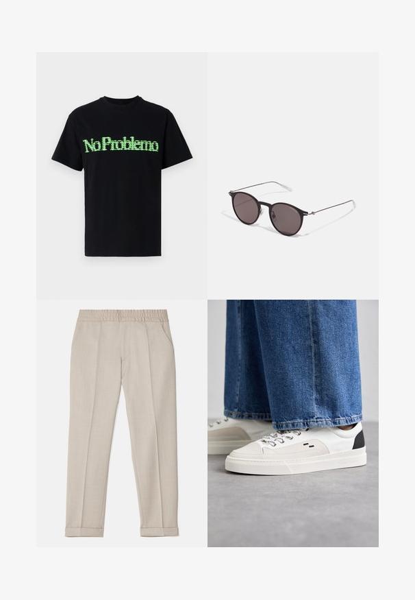 Juodas medvilnės marškinėliai su žaliu pikseliuotu grafiniu tekstu "No Problemo" priekyje. Trumpomis rankovėmis ir apvaliu kaklu.; Filippa K TERRY CROPPED TROUSERS - Kelnės - sage melange; Balti ir balti sportbačiai su lygaus odos paviršiumi, tekstūruotais akcentais ir masyviu baltu padu. Turi klasiką primenančią raištelių užsegimo sistemą.; Juodos apvalios saulės akinių su tamsiais lęšiais ir plonomis metalinėmis šakomis. Įtraukti skaidrūs šventyklų galai ir sidabriniai akcentai vyrio srityje. Minimalistinis dizainas.