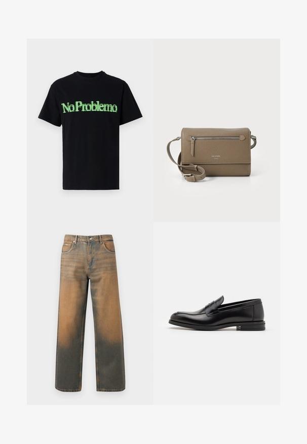 Melnas kokvilnas T-krekls ar zaļu pikselētu grafikas tekstu "No Problemo" priekšā. Īsās piedurknes un apaļa kakla izgriezums.; Platas kāju džinsi novecojušajā zilā un brūnā denimā. Ievērojams augsts viduklis, priekšējās kabatas un klasiskā pogu aizdare ar metāliskām akcentiem.; Melnas ādas kurpes ar gludu tekstūru, noapaļu purngalu un dekoratīvu siksniņu pāri priekšpusei. Zems sakrauts papēdis, minimālisma dizains.; Taupe krāsas ādas pleca soma ar rāvējslēdzēja priekšējo kabatu, regulējamu siksnu, akmens tekstūru un iegravētu logo priekšpusē.