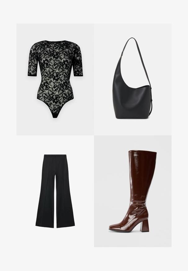 Črno čipkasto bodi s kratkimi rokavi, cvetličnim vzorcem, valovitim robom in prozorno teksturo. Bodi ima visoke izreze na nogah in okrogel izrez na vratu.; Črne široke hlače z gladko teksturo, ki imajo sprednje nabore in kroj po meri. Tkanina je lahka in zračna.; Bordeaux visoke škornje iz paten usnja z kvadratnim nosom, sijajno zaključno obdelavo in masivnim peto za stabilnost. Brezšiven dizajn brez vidnega okovja.; Črna usnjena hobo torba z gladko teksturo, ukrivljeno obliko in eno nastavljivo naramnico; ima širok odprtina na vrhu.
