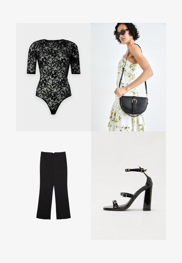 Crni čipkasti bodi s kratkim rukavima, cvjetnim uzorkom, nazubljenim rubovima i prozirnom teksturom. Bodi ima visoki rez nogu i okrugli izrez na vratu.; Crne hlače ravnog kroja, s prednjim džepovima i bočnim prorezima na rubu. Izrađene od mekog i glatkog materijala. Pogodne za razne prigode.; Crne lakirane sandale na pete sa kvadratnim nosom, trakama oko gležnja i srebrnim kopčama. Imaju čvrst blok petu za stabilnost.; Crna kožna torba s lukovitim oblikom, odvojivim remenom i zlatnim detaljima. Torba ima preklop s kopčom.