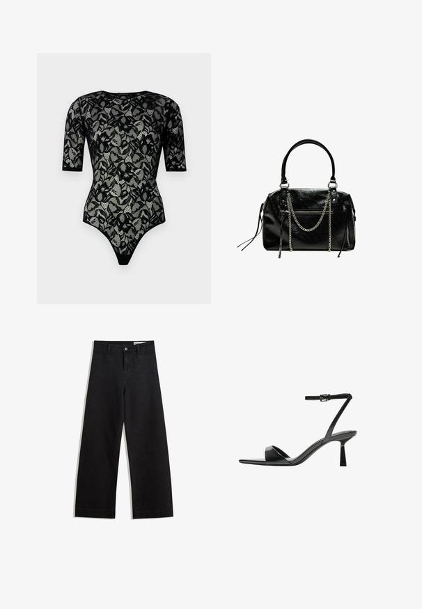 Czarny body z koronki z krótkimi rękawami, kwiatowym wzorem, falistymi krawędziami i przejrzystą fakturą. Body ma wysokie wycięcie nóg i okrągły dekolt.; Czarne dżinsowe spodnie o szerokich nogawkach i wysokim stanie, z przednimi i tylnymi kieszeniami, przeszyciami oraz zapięciem na guziki. Gładka struktura.; Bershka - Sandały na obcasie; Bershka - Torebka