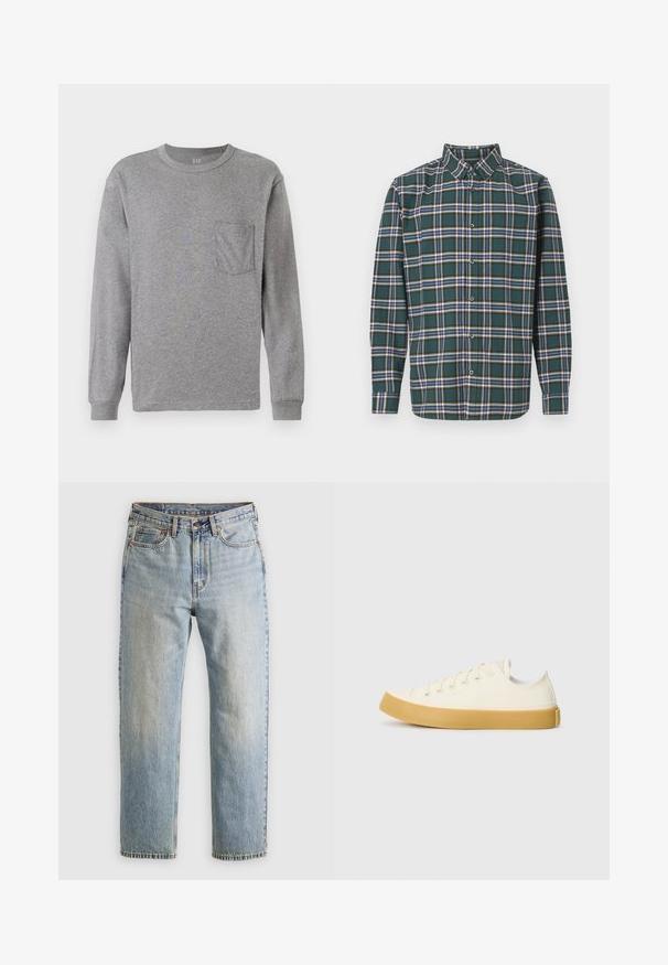 Grijze lange mouw t-shirt met een ronde hals, voorzien van een borstzak en geribde manchetten. Gemaakt van zacht, lichtgewicht katoen.; Groene flanellen shirt met een ruitpatroon met blauwe, witte en mosterdgele lijnen. Met knopen aan de voorkant en een puntige kraag. Lange mouwen.; Lichtblauwe denim jeans met hoge taille, frontknop, rits en vijfzakkenontwerp, plat gelegd op een neutrale achtergrond.; Canvas sneakers in off-white met een ronde neus, voorzien van beige rubberen zolen en vijf oogjes voor veters, met een gestructureerde afwerking op de bovenkant.