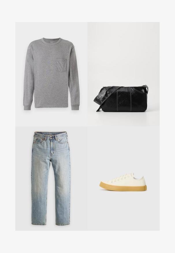 Gray long-sleeve t-shirt with a round neck, featuring a chest pocket and ribbed cuffs. Made from soft, lightweight cotton material.; Light blue denim jeans with high waist, front button, zipper, and five-pocket design, laid flat on a neutral background.; Canvas sneakers in off-white with a round toe, featuring beige rubber soles and five eyelets for laces, textured finish on the upper.; Black leather shoulder bag with a zip closure, featuring a textured body, white stitching, and a strap with silver grommets.