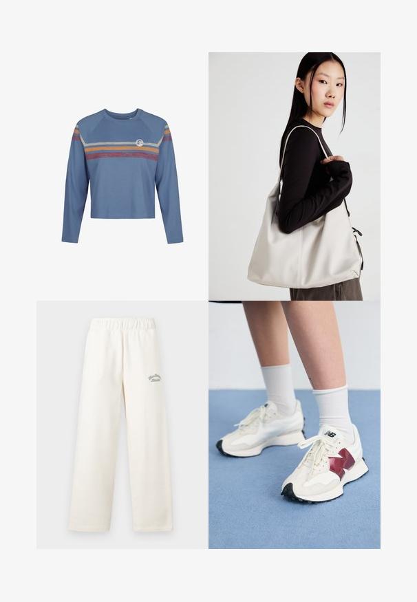 Svetlomodrý dlhý rukáv cropped top s raglánovými rukávmi, ktorý má farebné horizontálne pruhy v červenej, žltej a smotanovej farbe na hrudníku.; Krémové široké nohavice vyrobené z mäkkého materiálu s elastickým pásom. Na prednej strane majú jemný zelený vyšitý nápis.; Pár bielych tenisiek s bordovými akcentmi, štruktúrovanými panelmi, plochou čiernou podrážkou a svetlými šnúrkami, nosených s bielymi členkovými ponožkami.; Béžová kabelka vyrobená z mäkkého materiálu, s uvoľneným dizajnom, prišitými detailmi a dvoma popruhmi na nosenie na pleciach. Vhodná na každodenné nosenie.