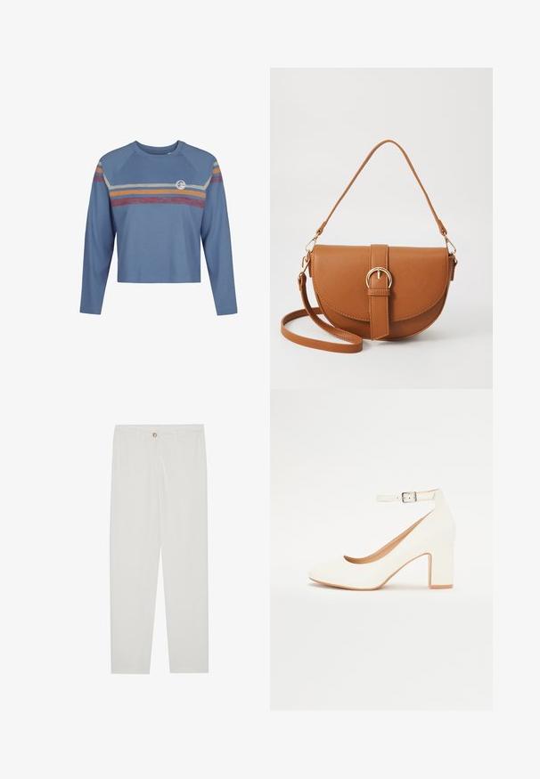 Lichtblauwe lange mouwen crop top met raglanmouwen, voorzien van kleurrijke horizontale strepen in rood, geel en crema over de borst.; Witte, op maat gemaakte broek met een rechte pijpdesign, featuring een knoopsluiting, riemlussen en zijzakken; gladde stoftextuur.; Witte hoge hak schoen met een puntige neus, blokhak en enkelbandje. Glamoureuze afwerking met een subtiele glans en een beige binnenvoering.; Bruine leren schoudertas met een gebogen vorm, gouden hardware en een gespaccent. Bevat een afneembare schouderriem.