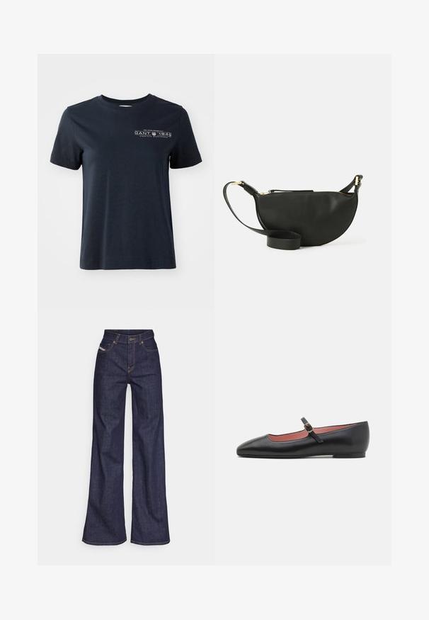 Tumed sinine puuvillane T-särk lühikeste varrukatega, ümar kaelus ja eesmine logo, mis sisaldab teksti ja dekoratiivseid elemente.; Tumedates sinised laiad teksad denimpesus, kõrge vöökohaga, mis on varustatud oranžide õmblustega, viie-taskulise disaini ja nööbiga kinnitusega.; Must mustaineeritud nahast lapik king, millel on terav varvas ja pahkluu rihm, millel on kuldne pandla. Sile tekstuur veidi läikiva viimistlusega.; Mustmust kott poolkuu kuju, tekstuurse pinnaga, kuldne tõmblukk ja lame rihm. Kompaktne disain, mis sobib igapäevaste essementide jaoks.; Hõbedased rõngassüstid läikiva viimistlusega, millel on ümmargune disain ja sujuvad hinged, mis näitavad sileda tekstuuri.