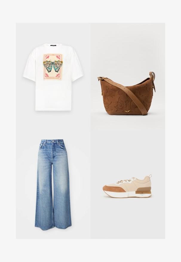 WEEKEND MaxMara XANADU - T-shirt print - bianco; Wijdellige jeans van lichtblauwe denim, met een hoge taille, vijf-pocket ontwerp, vervaagde wassing en rafelige zoom.; Sneaker met een beige stoffen bovenkant en tan suede accenten, een witte tussenzool en een rubberen buitenzool met een merkdetail.; Bruine suède schoudertas met een geperst bloemmotief, aangevuld met een gladde bruin leren schouderband en accenten in goudkleurig metaal.