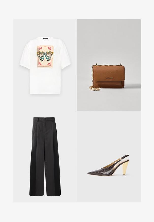 WEEKEND MaxMara XANADU - T-shirt print - bianco; Zwarte wijde broek met hoge taille, met voorplooien, een gladde textuur en een nette afwerking. Ontworpen voor een ontspannen pasvorm.; Puntige slingback hak in donkerbruin glanzend faux krokodillenleer. Kenmerkt zich door een goudkleurige geometrische hak en een verstelbare enkelband.; Bruine lederen schoudertas met textuur, voorzien van een gouden kettingstrap en klepsluiting. De voorkant heeft een logo-detail en een zak onder de klep.