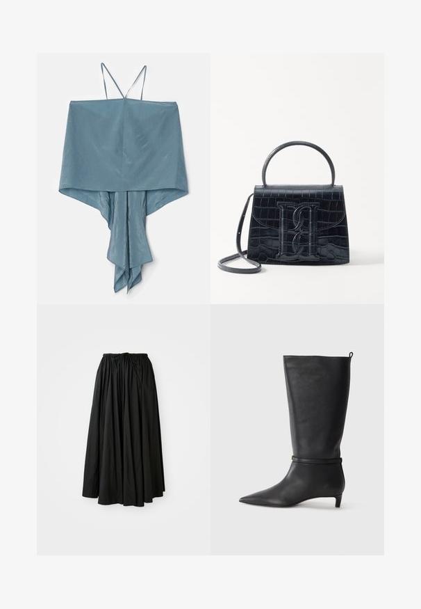 Sleeveless top in soft, light blue fabric with an asymmetrical hem and draped design, featuring thin straps and smooth texture.; Black, ankle-length skirt made of lightweight fabric. Features a gathered waistband with a drawstring for adjustable fit and a flared silhouette.; Black leather knee-high boot with a pointed toe, accented by a circular strap around the ankle and a low, tapered heel. Smooth texture.; Black crocodile-embossed leather handbag with a structured design, top handle, adjustable strap, and a prominent front logo detail.