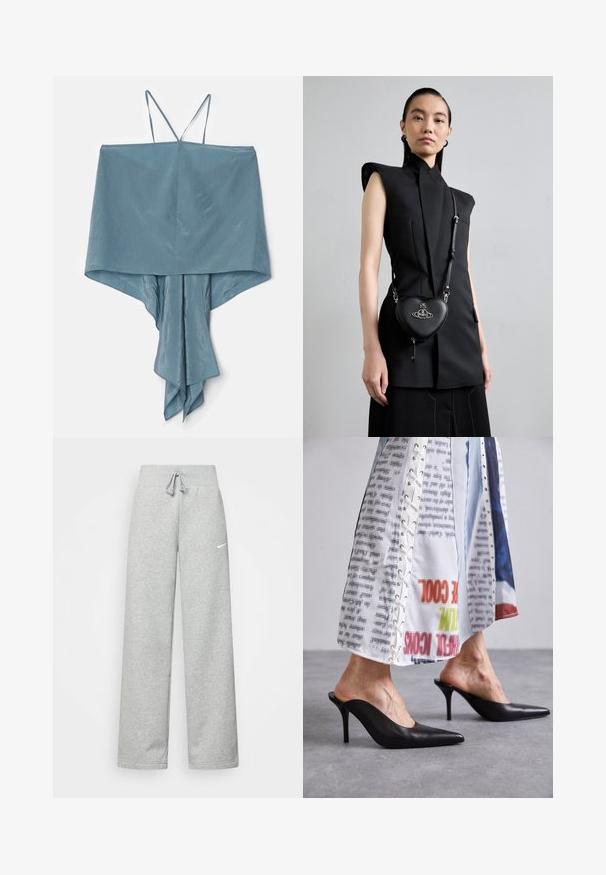 Top fără mâneci, dintr-un material moale, de culoare albastru deschis, cu un tiv asimetric și un design drapat, având bretele subțiri și o textură netedă.; Pantaloni de trening gri, cu talie elastică, detalii cu siret și un mic logo alb Nike pe coapsa stângă. Material moale, croi lejer.; Muli negri din piele cu vârful ascuțit și toc stiletto, asortați cu o îmbrăcăminte albă cu un model care dispune de detalii cu șireturi.; Top negru fără mâneci, cu umeri structurați, asortat cu o geantă de umăr în formă de inimă din piele neagră, dotată cu accesorii din argint și detalii cu logo.