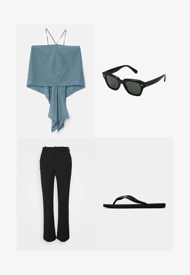 Mouwloos topje van zacht, lichtblauw stof met een asymmetrische zoom en drapering, voorzien van dunne bandjes en een soepele textuur.; Zwarte, op maat gemaakte broeken met een gladde afwerking, recht gesneden ontwerp en een tailleband. Beschikt over subtiele stikdetails en heeft geen zakken.; Zwarte rubberen flip-flop sandaal met een getextureerde strap en een eenvoudige platte zool, zijaanzicht op een effen lichte achtergrond.; Zwarte vierkante zonnebril met donker groene lenzen, uitgerust met gedurfde monturen en zilveren accenten aan de zijkanten. Gemaakt in Italië.