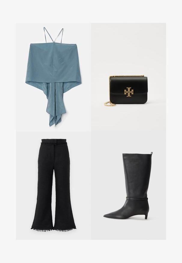 Top sin mangas en suave tejido azul claro con un dobladillo asimétrico y diseño drapeado, que presenta tirantes finos y una textura suave.; Pantalones de pierna ancha negros con tela texturizada, dobladillo deshilachado y cinturilla elástica. El diseño presenta un acabado suave y un ajuste relajado.; Bota de cuero negro hasta la rodilla con punta afilada, acentuada por una correa circular alrededor del tobillo y un tacón bajo y afilado. Textura suave.; Bolso de mano de piel negra con cadena en tono dorado y acento de logotipo. Presenta una forma rectangular con solapa plegable. Textura suave.
