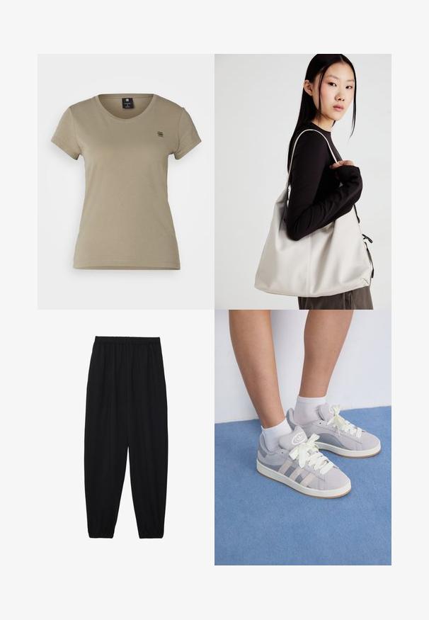 G-STAR EYBEN - Basic póló - shamrock; Fekete, könnyű nadrág elasztikus derékkal és ráncolt bokákkal. Az anyag sima és laza, szűkített dizájnnal rendelkezik.; Szürke velúr sportcipők fehér fűzővel és gumi talppal, az oldalán három ferde csíkkal és a nyelvén logo folttal.; Puha anyagból készült bézs kézitáska, laza dizájnnal, varrott részletekkel és két vállpánttal. Mindennapi használatra alkalmas.