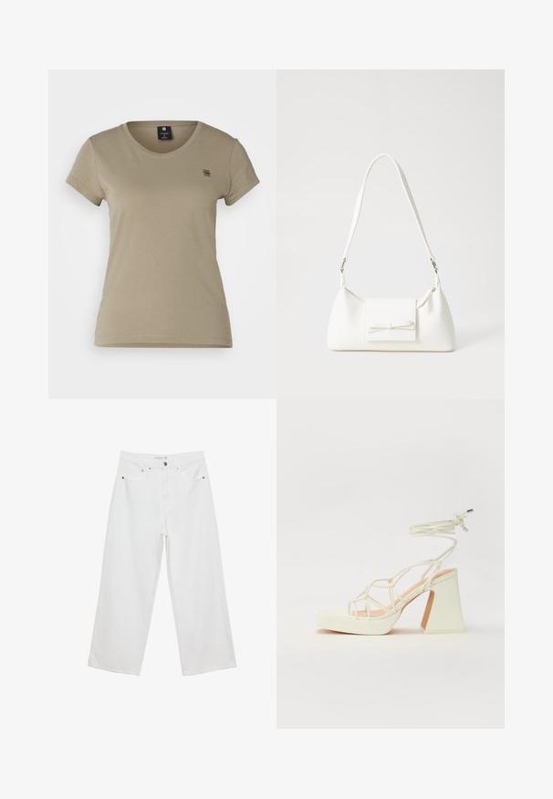 G-STAR EYBEN - T-shirt basic - shamrock; Jeans bianchi a gamba larga realizzati in denim con vita alta, dotati di cinque tasche e dettagli in metallo. Texture liscia, senza motivi visibili.; Sandalo bianco con tacco alto, caratterizzato da un design a cinturini e un legaccio alla caviglia. Texture liscia con una piattaforma frontale per un'altezza aggiuntiva.; Borsa sintetica bianca a forma triangolare, con patta anteriore piatta e dettaglio a fiocco, tracolla regolabile, texture liscia e design minimalista.