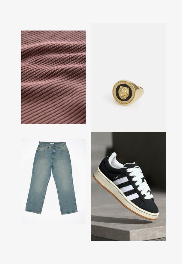 Il tessuto lavorato a maglia in un colore malva smorzato presenta strisce diagonali testurizzate, creando sottili variazioni di profondità e ombra sulla superficie.; Jeans in denim azzurro chiaro con vita alta e vestibilità ampia. Presentano tasche frontali, zip e dettagli di cucitura in evidenza.; adidas Originals CAMPUS 00S - Sneakers basse - core black/footwear white/off-white; Anello dorato con un motivo di leone in rilievo su sfondo nero, incorniciato da una banda circolare incisa con il nome del marchio.