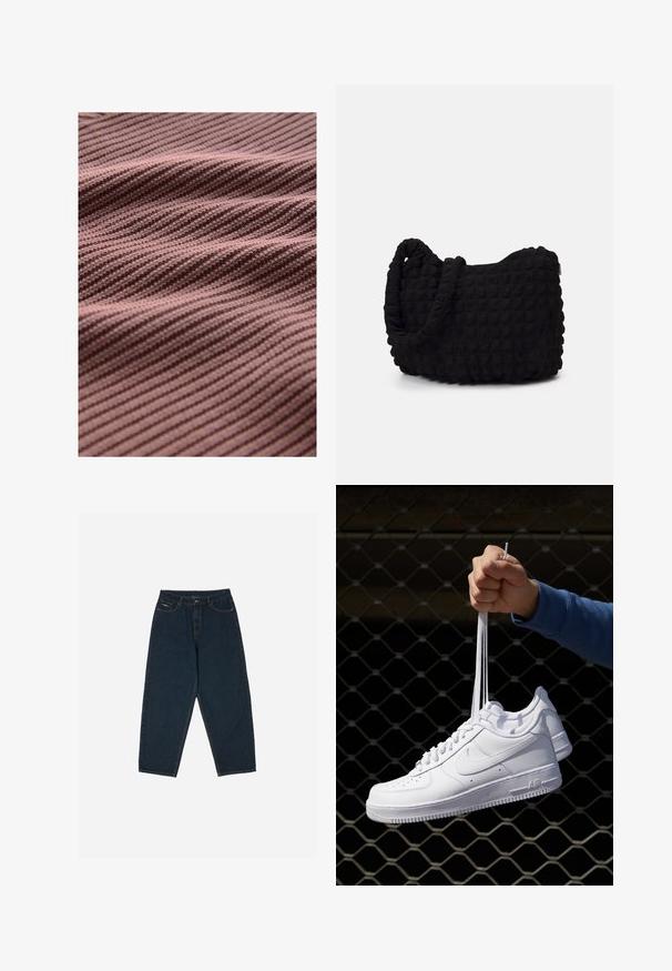 Strikket stof i en afdæmpet mauvefarve med teksturerede diagonale striber, der skaber subtile variationer i dybde og skygge på overfladen.; Mørkeblå højtaljede jeans med afslappet pasform, udstyret med fem lommer og knaplukning. Fremstillet af denim med en glat overflade.; Hvide lædersneakers med perforeringer, rund tå, flad sål og tykke snørebånd, med et synligt swoosh-logo og "AIR" på hælen.; Sort stofpose med en struktureret, quilted mønster. Rund form, korte, tykke håndtag, og en blød, fleksibel struktur.