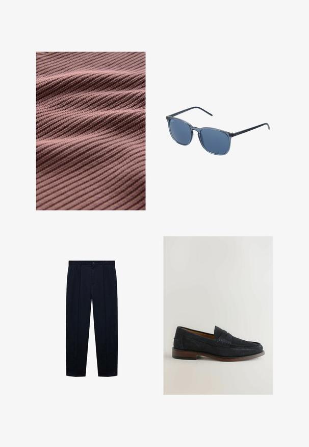 Gebreide stof in een gedempte mauve kleur met getextureerde diagonale strepen, die subtiele variaties in diepte en schaduw over het oppervlak creëren.; Marineblauwe, platte broek gemaakt van lichte stof met een gladde textuur; voorzien van een knoopsluiting en twee zijzakken.; Marineblauwe suède instappers met een gestikte accent en een lage bruine houten hak. Ronde neus en een instapontwerp zonder zichtbare hardware.; Blauwe rechthoekige zonnebril met grijs getinte lenzen, kunststof montuur, metalen accenten en een matte afwerking op de pootjes.