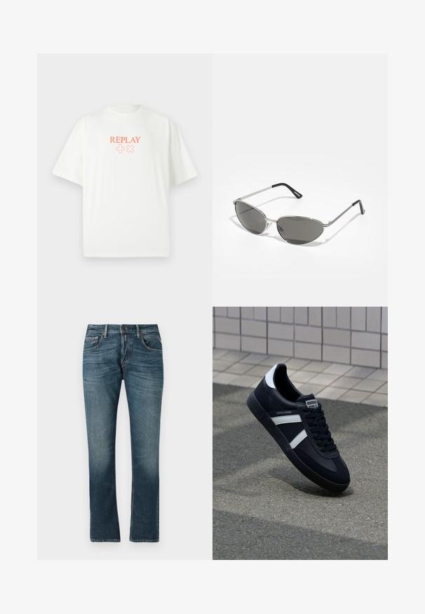 Hvid t-shirt med rund hals og korte ærmer. Har orange tekst "REPLAY" og symbolerne "+", "×" på forsiden. Blødt stof, afslappet pasform.; Blå denim jeans med lige ben pasform, slidt vask, fem-lomme design og kontrastsyet. Knap og lynlås lukning.; Sort lædersneaker med hvide striber, tekstureret gummisål og snørrebånd foran. Har et brandet mærke på tungen.; Solsikker med en slank, sølvmetalramme, gråtonede linser og et aerodynamisk design med spidse kanter og tynde arme.
