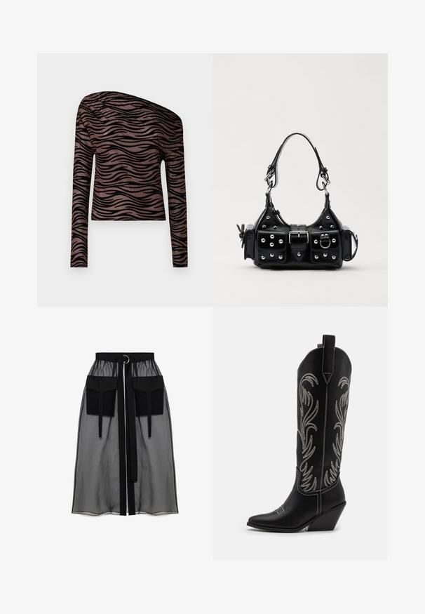 Hnedý krátky top s dlhým rukávom a čiernymi vlnitými pruhmi, s asymetrickým výstrihom a hladkým, elastickým materiálom.; Čierna priesvitná sukňa s naťahovacím pásom, ktorá má dve veľké predné vrecká, opasok na viazanie a kruhový kovový akcent.; Čierne kožené kovbojské čižmy s špicatými prstami, klinovými podpätkami a striebornými vyšívanými kvetinovými vzormi po celej dĺžke. Kontrastné šitie po celom povrchu.; Čierna kožená kabelka s zakriveným dizajnom, doplnená striebornými cvočkami, prackou a dvoma bočnými vreckami. Nastaviteľný popruh poskytuje rôzne možnosti nosenia.