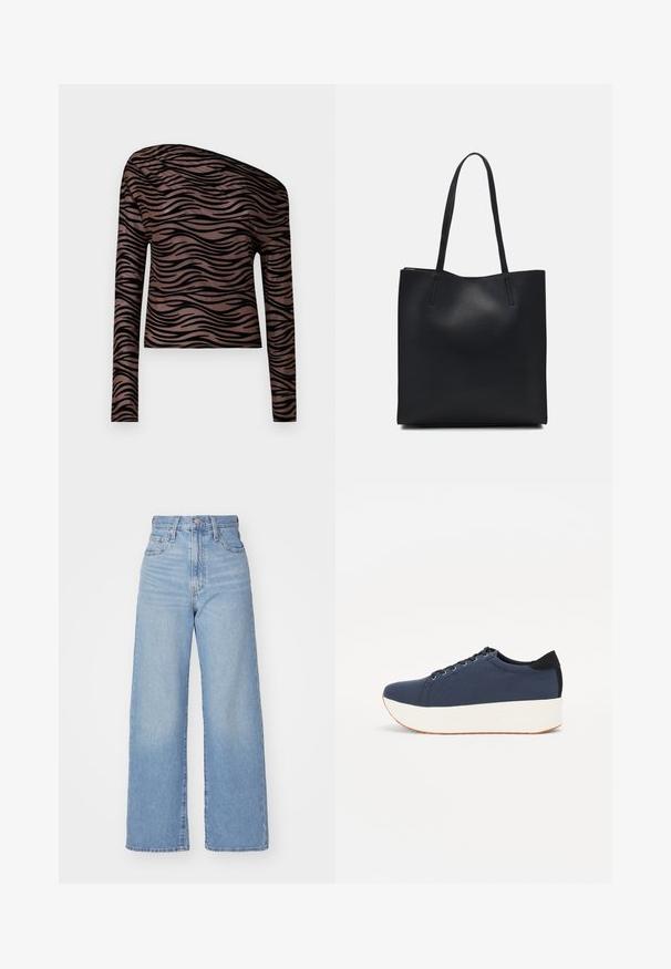 Ruda ilgomis rankovėmis trumpa palaidinė su juodomis bangomis, turinti asimetrinį iškirpimą ir glotnaus, tampraus audinio tekstūrą.; Šviesiai mėlynos aukšto liemens plačios kojos džinsai su priekiniais užtrauktukais ir sagom, priekinėmis ir galinėmis kišenėmis, ant baltos fono.; Tamsiai mėlynas sportinis batelis su tekstūruotu audiniu viršuje, baltu platformos padu, apvaliu pirštu ir juodu kulno akcentu.š. Yra šešios skylės raišteliams.; Juodas odinis tote krepšys su lygia tekstūra, stačiakampio formos ir dviem ilgais rankenomis. Matomų metalinių detalių ar puošybos nėra.