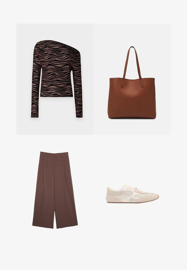Hnedý krátky top s dlhým rukávom a čiernymi vlnitými pruhmi, s asymetrickým výstrihom a hladkým, elastickým materiálom.; Hnedé nohavice so širokými nohavicami a hladkou textúrou, s vysokým pásom a prednými skladmi. Tkanina je ľahká a voľne sa pohybuje.; Bežová športová obuv s kombináciou sieťoviny a semišu, zaoblená špička a šnurovanie. Textúrované akcenty na hornej časti zvyšujú priľnavosť.; Hnedá kožená taška na rameno s hladkou textúrou, otvoreným vrchom a dvoma ramenými popruhmi. Má minimálne šitia a žiadne viditeľné kovania.