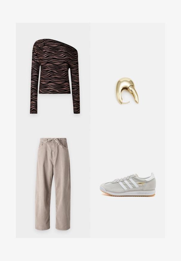 Long-sleeve cropped top in brown with black wavy stripes, featuring an asymmetrical neckline and smooth, stretchy fabric texture.; Beige corduroy trousers with a loose fit, featuring a drawstring waist, two front pockets, and vertical ribbed texture.; Light grey sneaker made of suede and mesh, featuring three white stripes, round toe, and a gum rubber sole. Gold logo accent near laces.; Gold-tone metal earring with a sleek, curved design. Features a distinctive pointed shape, polished surface, and hinge closure.