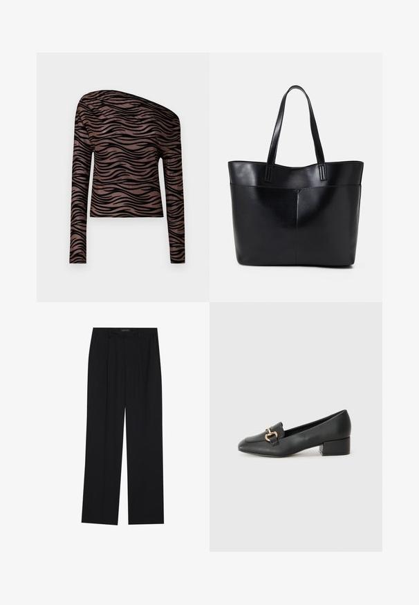 Long-sleeve cropped top in brown with black wavy stripes, featuring an asymmetrical neckline and smooth, stretchy fabric texture.; Black trousers with a straight-leg design, featuring two front pockets and a waistband. Made from a smooth, lightweight fabric.; Black leather loafers with a flat heel, featuring a decorative gold hardware detail on the front and a smooth texture.; Black leather tote bag with two long handles, a smooth texture, and a structured shape. Features a front pocket for additional storage.