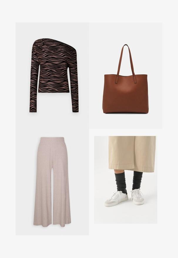 Tricou scurt cu mâneci lungi, de culoare maro, cu dungi negre ondulate, având un decolteu asimetric și o textură de material neted și elastic.; Pantaloni largi de culoare gri deschis, dintr-un material moale, cu textură în rilief, având un talie înaltă și picioare lungi, cu o textură subtilă.; Adidași albi și gri cu un accent negru la toc, având un superior din piele netedă și vârful din suede texturat. Purtați cu șosete gri închise, lejere.; Geantă de umăr din piele maro cu o textură netedă, design cu vârf deschis și două curele pentru umăr. Prezintă cusături minime și fără componente metalice vizibile.