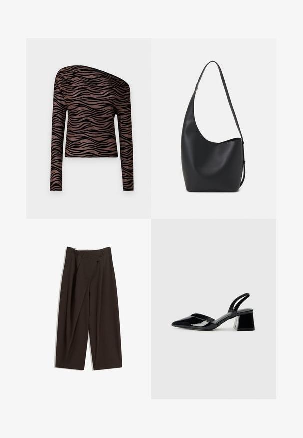Hnědý krátký top s dlouhým rukávem a černými vlnitými pruhy, s asymetrickým výstřihem a hladkou, elastickou texturou látky.; Tmavě hnědé široké kalhoty s vysokým pasem, vybavené jedním tlačítkem na zapínání a plisovaným předním dílem. Vyrobené z lehkého materiálu.; Černé lakované kožené lodičky na pásku s špičatou špičkou a geometrickým blokovým podpatkem. Vyznačují se elegantním, minimalistickým designem a hladkým povrchem.; Černá kožená hobo taška s hladkým povrchem, zakřiveným tvarem a jedním nastavitelným popruhem; má široké otevírání nahoře.