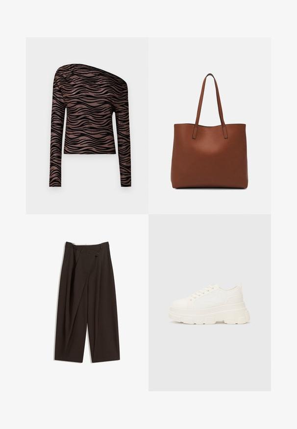 Langermige cropped top in bruin met zwarte golvende strepen, voorzien van een asymmetrische halslijn en een gladde, rekbare stof.; Donkere bruin wijde broek met een hoge taille, voorzien van een enkele knoopsluiting en een geplooide voorkant. Gemaakt van lichtgewicht stof.; Witte canvas sneaker met een stevige zool, ronde neus en vijf gaatjes voor veters. Achterste tab voor gemakkelijk aan- en uittrekken. Vloeibare textuur, minimalistisch ontwerp.; Bruine leren tote bag met een gladde textuur, een ontwerp met een open bovenkant en twee schouderbanden. Kenmerkt zich door minimale stiksels en geen zichtbare hardware.