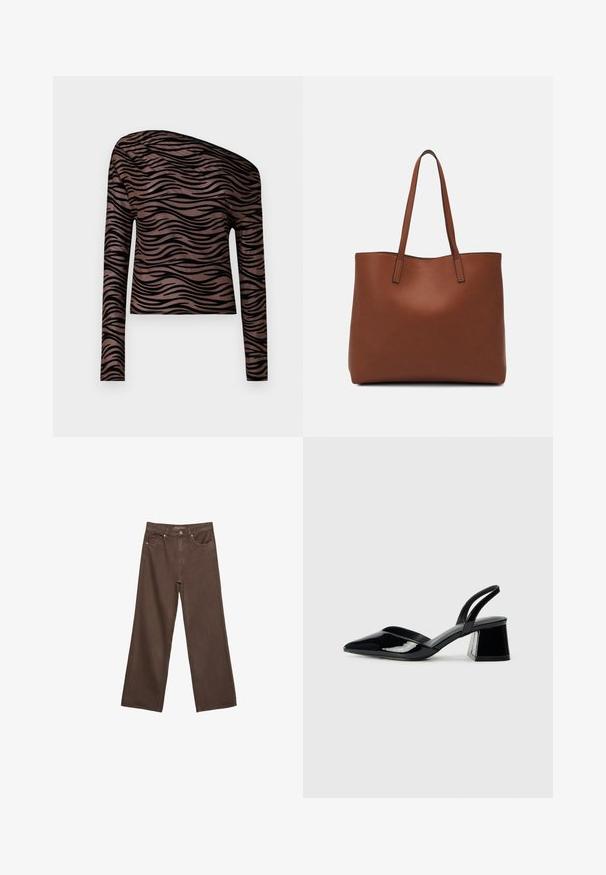 Dugi rukav, krojeni top u smeđoj boji s crnim valovitim prugama, s asimetričnim dekolteom i glatkom, rastezljivom teksturom tkanine.; Proširene smeđe traperice od denima, s visokim strukom, prednjim džepovima i klasičnom kopčom na dugme. Glatka tekstura s suptilnim šavovima.; Crne lakirane kožne sandale s otvorenom petom i špicastim vrhom, s geometrijskom blok petom. Imaju elegantan, minimalistički dizajn i glatku teksturu.; Smeđa kožna torba preko ramena s glatkom teksturom, otvorenim vrhom i dvjema naramenicama. Ima minimalne šavove i nema vidljivog hardvera.