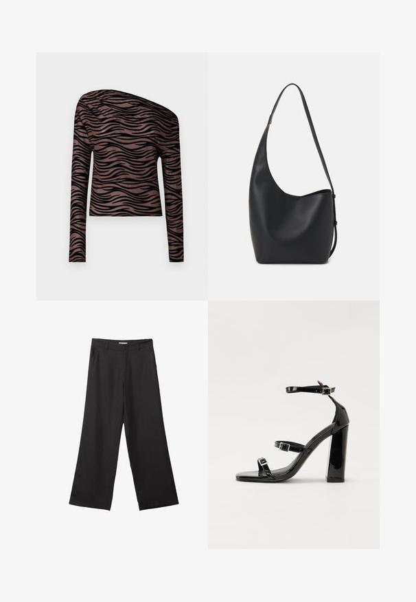 Langärmliges, braunes Cropped Top mit schwarzen Wellenstreifen, asymmetrischem Ausschnitt und glatter, dehnbarer Stoffoberfläche.; Schwarze weite Hosen aus glattem Stoff, mit einem Reißverschluss vorne und zwei seitlichen Taschen, maßgeschneiderter Passform und minimalistischem Design.; Schwarze patentierte Sandalen mit Absatz, quadratischer Spitze, Knöchelriemen und silbernen Schnallen. Mit einem stabilen Blockabsatz für mehr Stabilität.; Schwarze Leder-Hobo-Tasche mit einer glatten Textur, geschwungener Form und einem einzelnen verstellbaren Tragegurt; verfügt über eine weite Öffnung am oberen Ende.